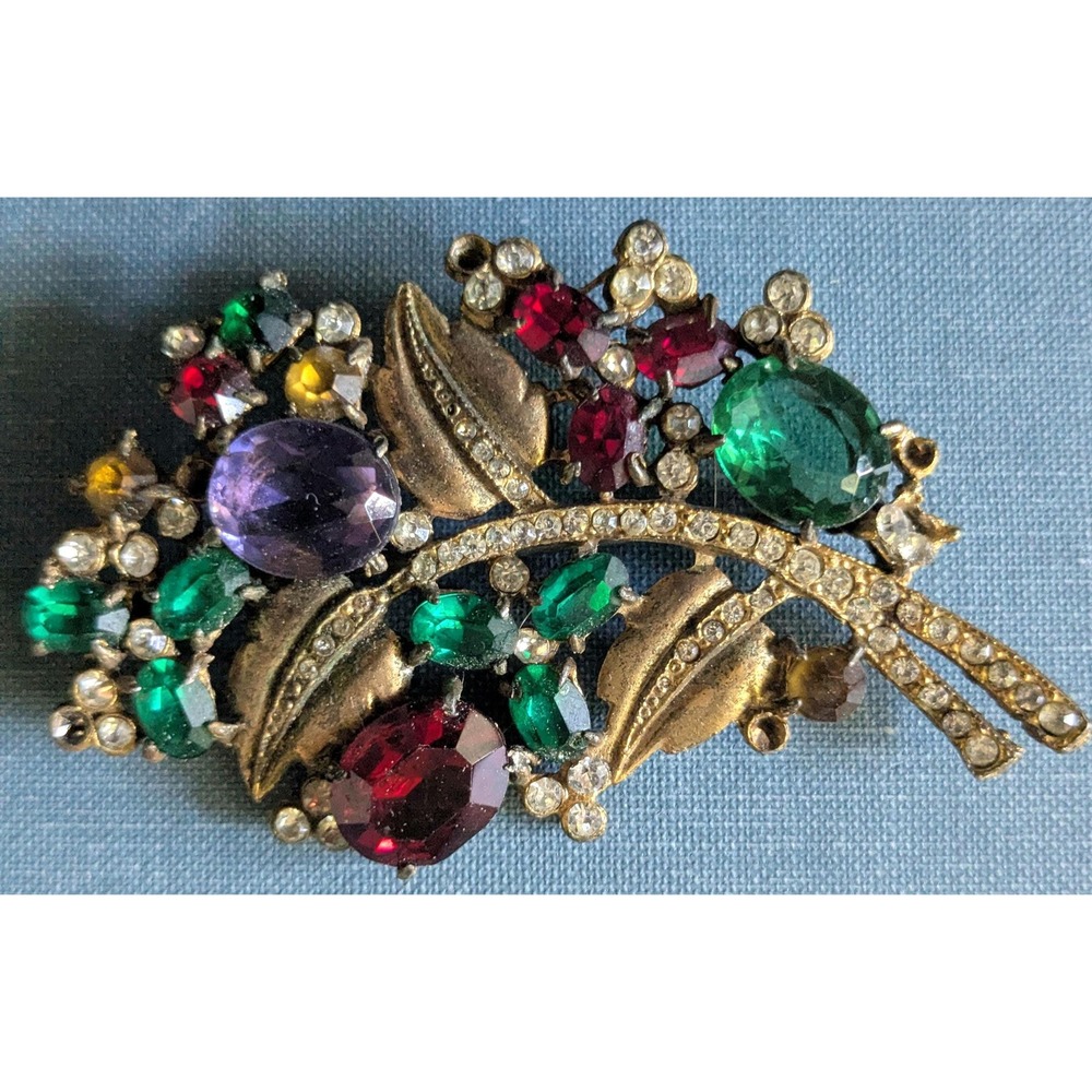 Vintage Multicolor Rhinestone Flower Bouquet Brooch Gold Tone Repair Jewelry